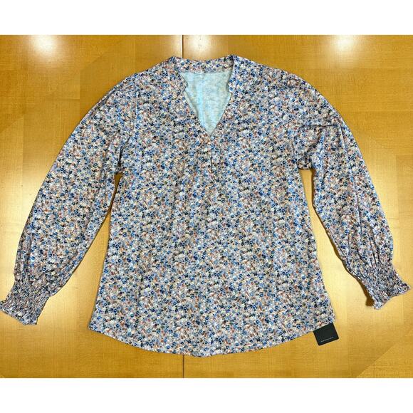 Rapbin NWT Rose Pink Ditzy Floral V-Neck Long Sleeve Puff Ruffle Cuff Top Sz L - Picture 1 of 12
